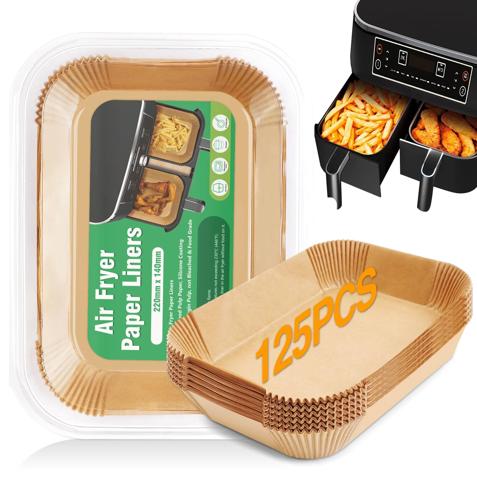 Healthy meals cooked evenly on a Greenlano non-stick parchment liner inside an air fryer basket with exact dimension markings